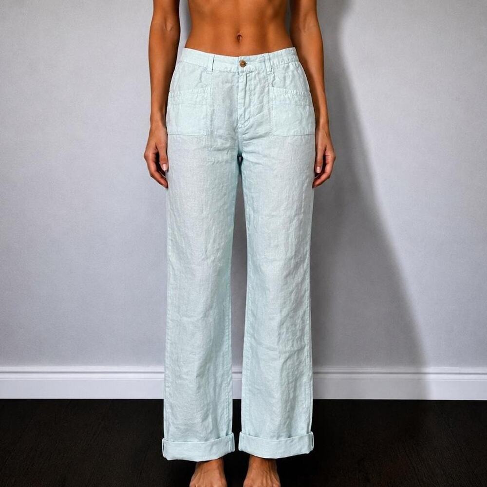 Nicole Miller 100% Linen Baby Blue Relaxed Lightweight Coastal Trousers Size S